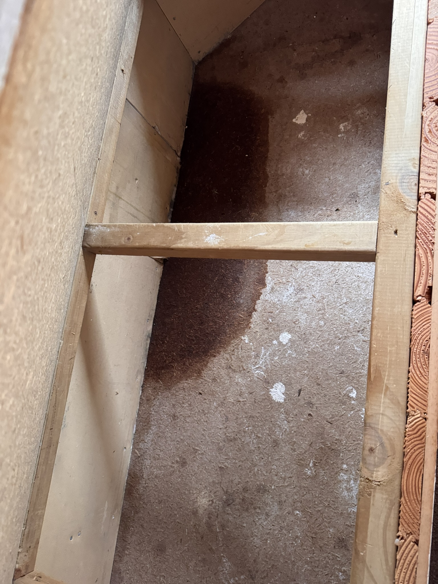 Moisture staining inside an accessible lift-up window-seat cavity